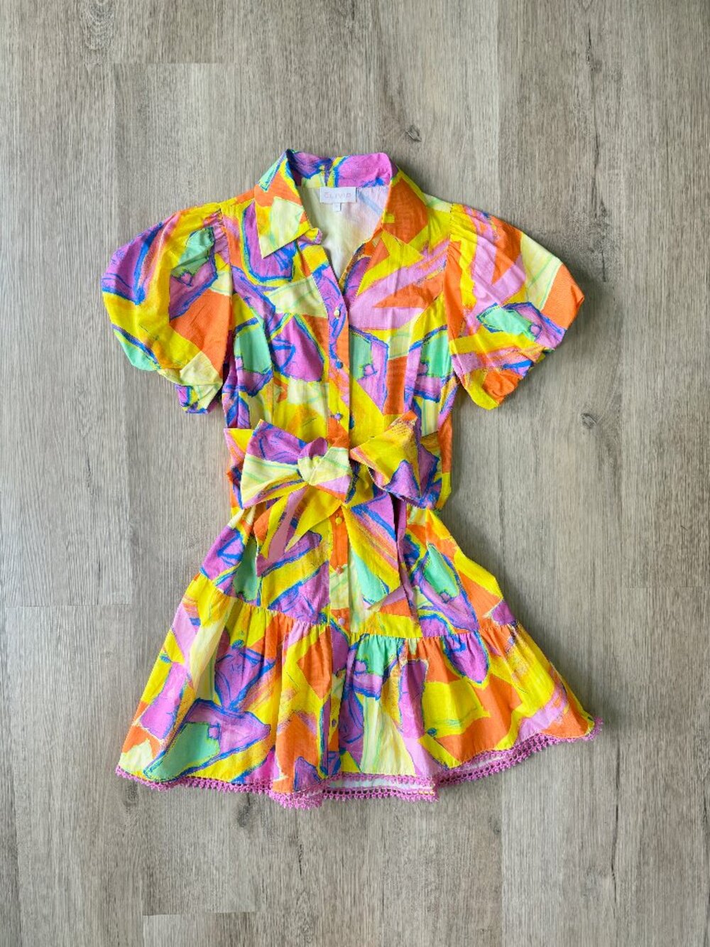 ALIVIA Multi Color Puff Sleeve Mini Button Front Shirt Dress w/ Belt SMALL